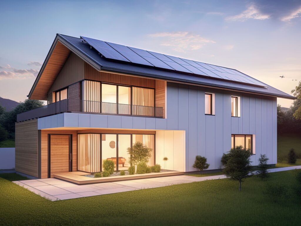 Immagine di una casa moderna e green efficientata grazie ai pannelli solari a seguito della direttiva case green.