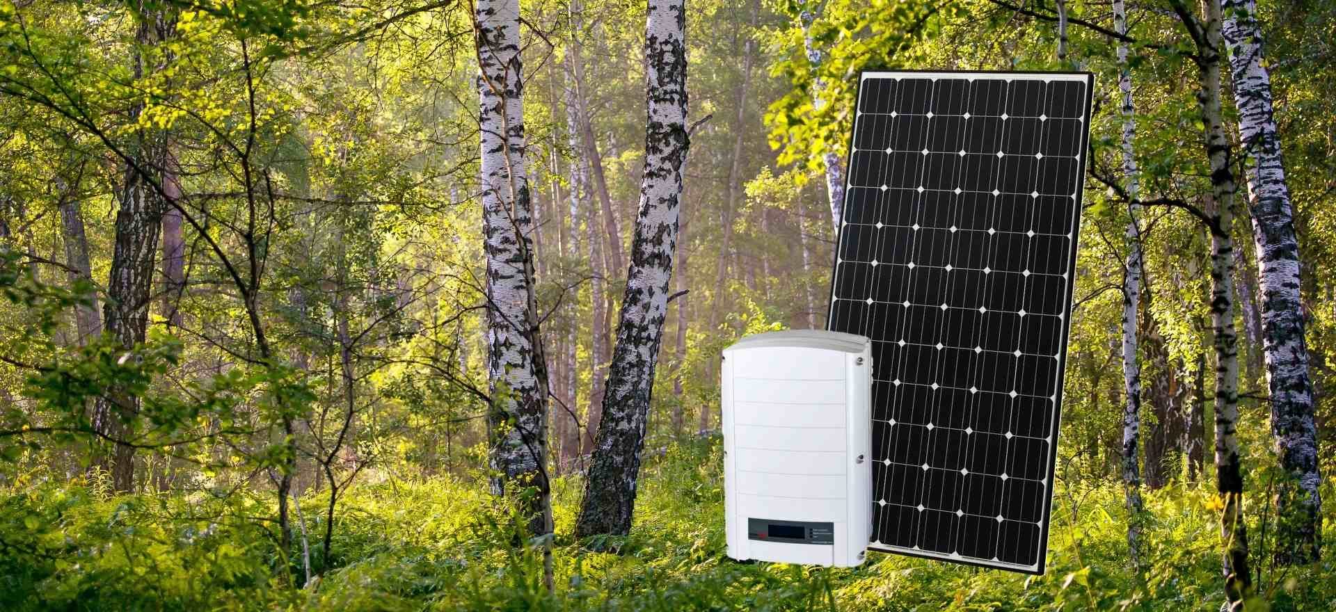 Fondo di bosco con betulle e Pannelli solari LG e inverter Solar Edge